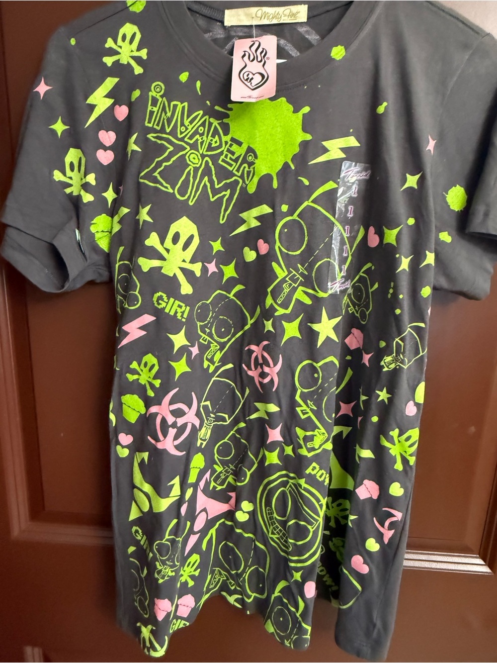 Vintage Invader Zim Neon Green & Pink Graphic Kids Tee NWT